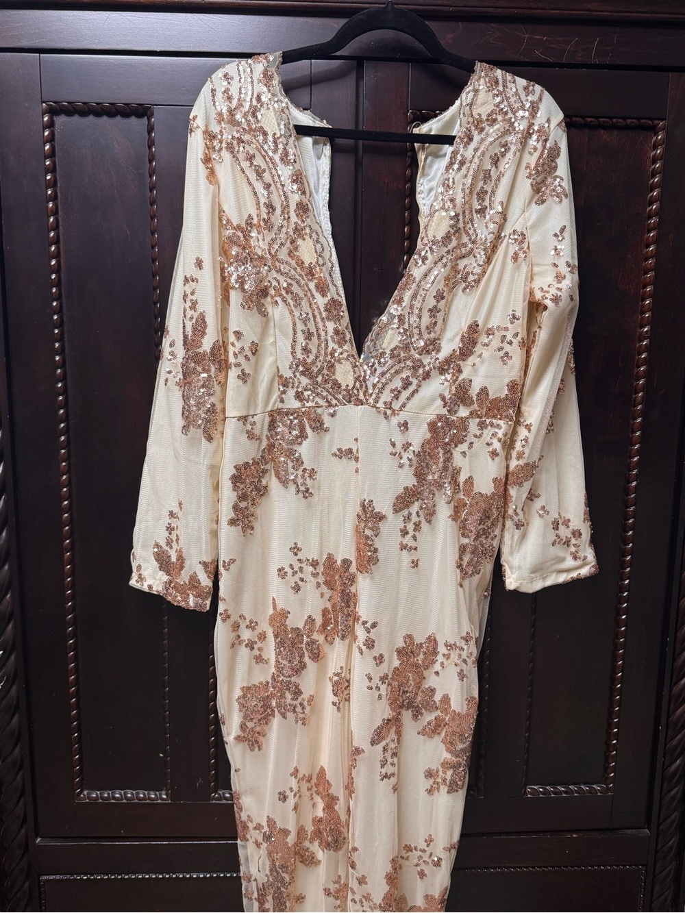 Embellished Cream Jumpsuit with Rose Gold Sequin Floral Detail